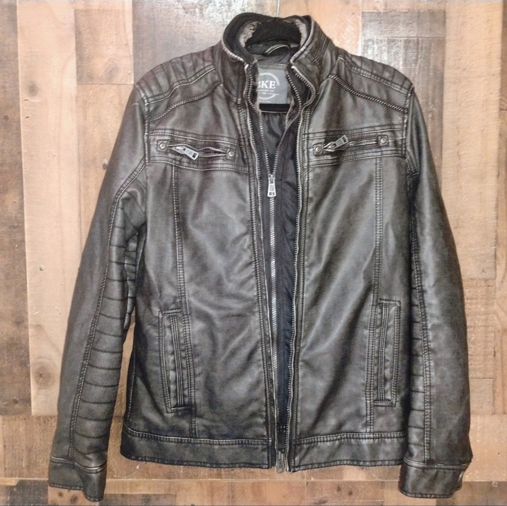 BKE buckle Men's Faux Leather Double Zip Moto Jacket Black Size XS